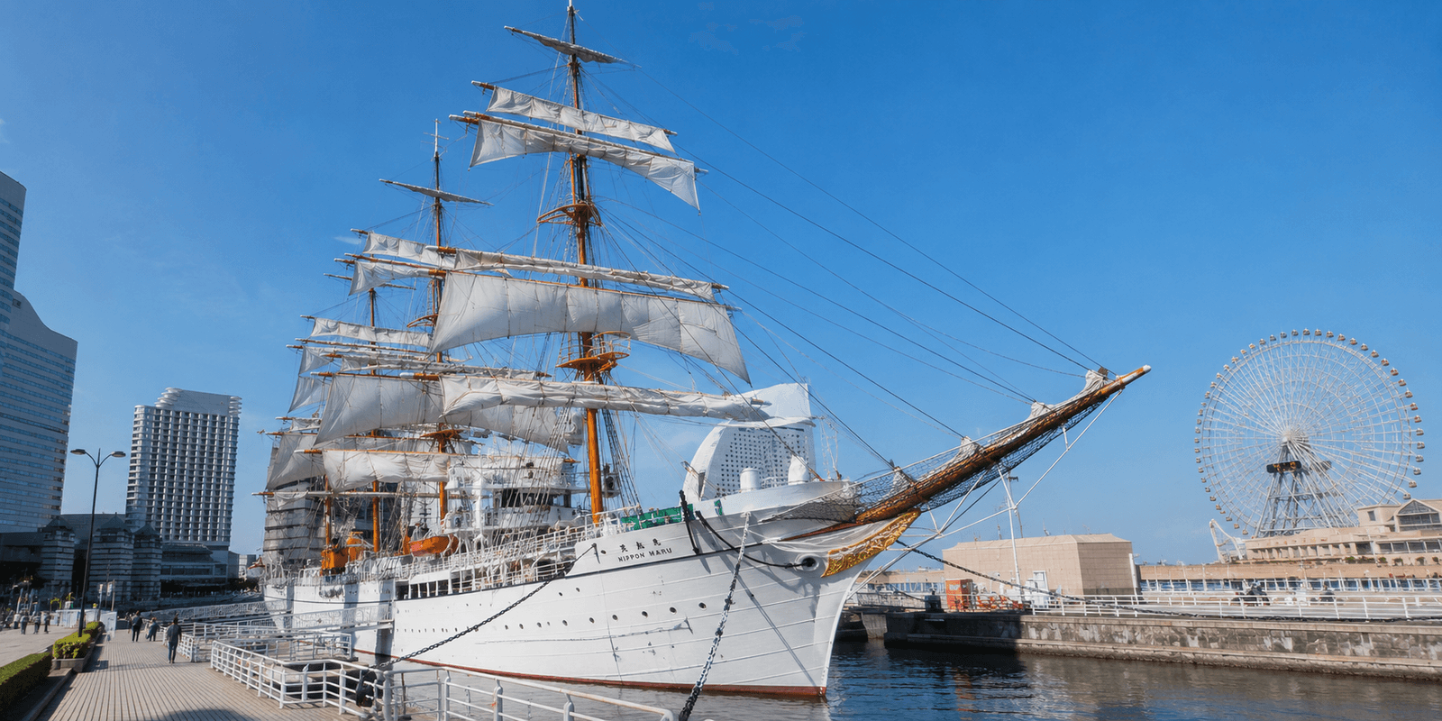 Sail Training Ship Nippon Maru, a preserved 1930 four-masted ship docked at Nippon Maru Memorial Park in Yokohama